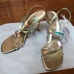Stuart Weitzman iridescent strappy sandals, size 9.5